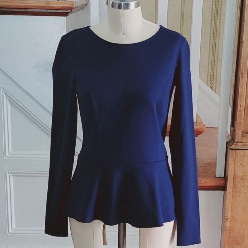 THEORY Classic Peplum Longsleeve Navy Blue Blouse Size Small